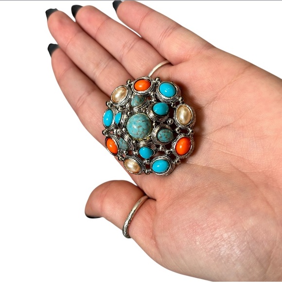 Vintage Premier Designs Faux Turquoise Coral Pearl Art Deco Brooch - Picture 3 of 3